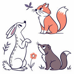 Cute cartoon animals a fox looking at a butterfly, a rabbit standing up, and a squirrel looking up, surrounded by leaves and a flower