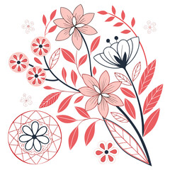 A delicate and charming floral illustration featuring stylized pink and coral flowers and leaves with dark blue accents on a white background