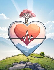 Heart-shaped graphic with a serene landscape