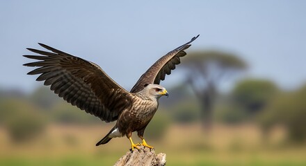 African Hawk Landing on a Stump in Savanna.