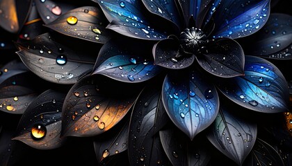A dark, dew-covered flower blooms with glowing blue petals. Bright, vibrant raindrops on the graceful texture of a flower.