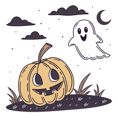A charming halloween scene with a cheerful pumpkin, a playful ghost, and a crescent moon under a cloudy sky
