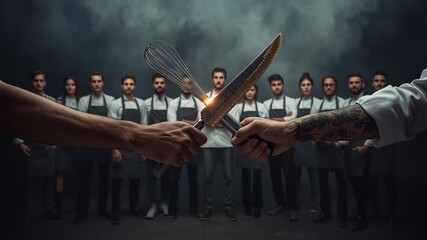 Chefs standing together in dim light with intense expressions. Two chefs prepare for a challenge, holding knives and whisk in hand. Concept of culinary competition, teamwork, gastronomy