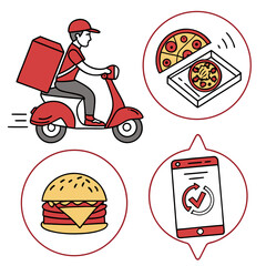Food delivery service icons set featuring a delivery man on a scooter, pizza in a box, burger, and order confirmation on a phone