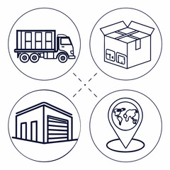 Illustration showing logistics network with delivery truck, cardboard box, warehouse and location pin for supply chain management concept
