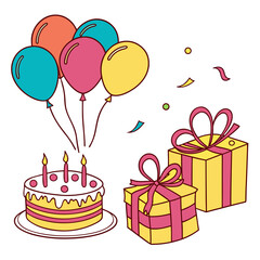 A festive birthday celebration with a delicious cake colorful balloons wrapped gifts and falling confetti creating a joyful and celebratory atmosphere