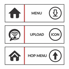 Collection of three modern interface buttons with icons and text labels for menu upload and hop menu functions