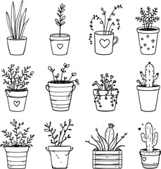 Hand drawn potted plants illustration vector set black and white minimalist line art design elements