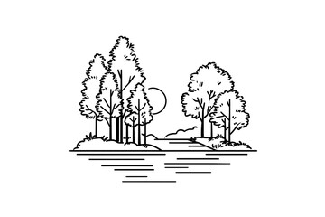 Naklejka premium Serene Lakeside Landscape with Majestic Trees and Tranquil Waters Under a Gentle Moon