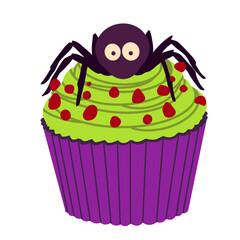 Spooky Halloween cupcake with green icing and a spider decoration. Flat vector dessert illustration for scary party, banners, cards and autumn events.