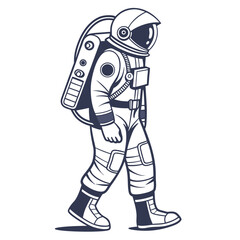 Stylized illustration of an astronaut in a spacesuit with a backpack walking confidently against a white background in a clean graphic design style