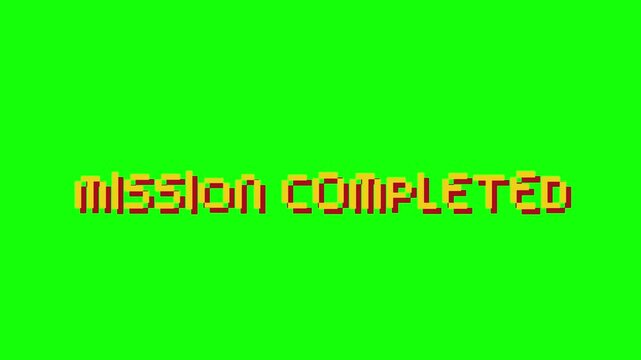 Mission completed text looped animation with bounce effect on alpha channel and green background. Bounce title video game screen. mission completed.