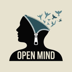 Open mind concept symbolizing freedom of thought birds flying out of zippered silhouette head metaphor for creativity and new ideas vector © Ultimate