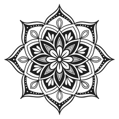 Detailed black and white mandala illustration featuring intricate floral patterns and symmetrical designs, , perfect for coloring books and spiritual art projects