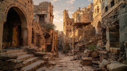 Ancient stone buildings lining a narrow street in a deserted village at sunset, showcasing weathered architecture and a tranquil atmosphere amidst ruins.