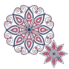 A pair of intricate floral mandalas in pink and blue tones are presented, the detailed designs feature swirling patterns and delicate accents