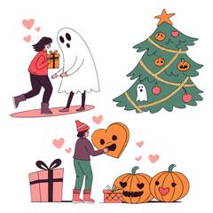Whimsical illustration of a person giving a gift to a ghost a decorated christmas tree with halloween ornaments and a person holding a heart shaped cookie with pumpkins and gifts