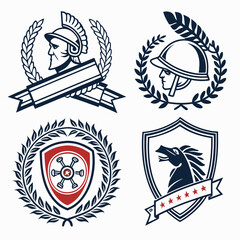 Collection of four distinct heraldic emblems featuring roman soldier helmet a stylized wheel crest and a horse head within laurel wreaths and shields