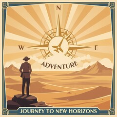 Man standing on cliff looking towards desert landscape with compass  