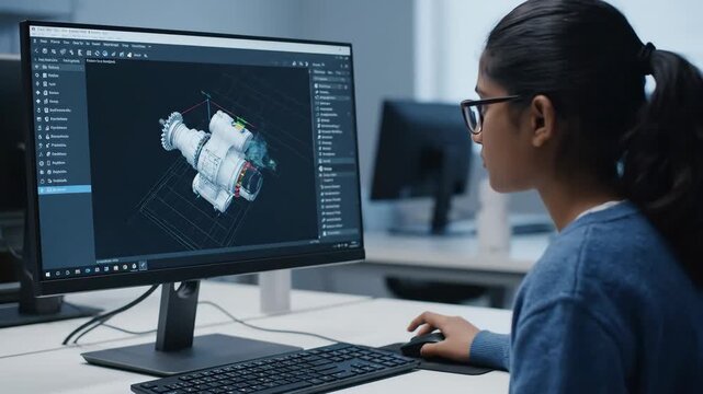 Student Designing 3D Model on Computer - A young female student wearing glasses is focused on designing a 3D model of a mechanical part on her computer using CAD software.