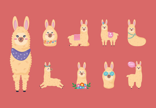 Beige Llama Cute Animal Cartoon Illustrations Set