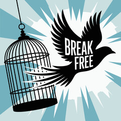 Bird breaking free from cage freedom concept symbolism hope triumph liberation new beginnings overcoming obstacles vector