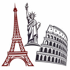 Obraz premium Iconic landmarks eiffel tower statue of liberty and colosseum depicted in a stylized graphic design representing global travel and tourism destinations