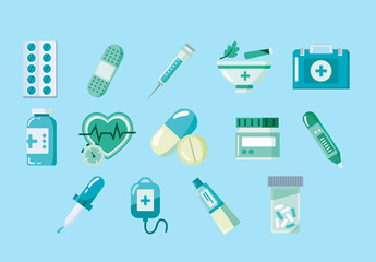 Blue And Green Medicine Health Care Illustrations Set