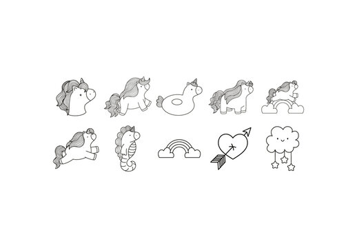 Black Unicorn Rainbow Cute Fantasy Doodle Icons Set
