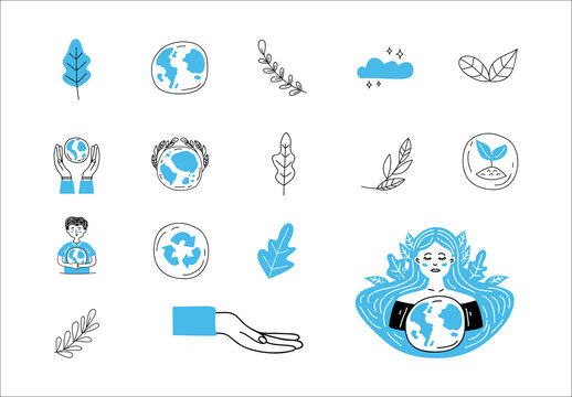 Blue And Black Ecology Line Art Illustration Set