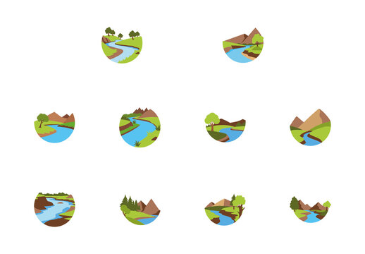 Blue And Green River Bank Landscape Nature Illustrations Set