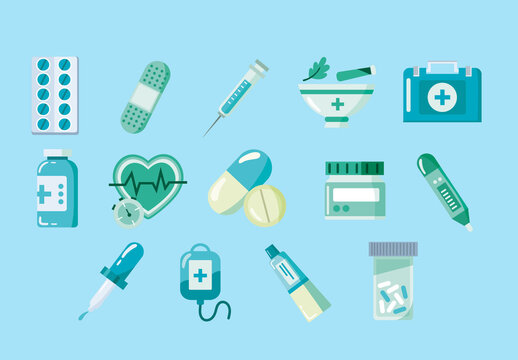 Blue And Green Medicine Health Care Illustrations Set