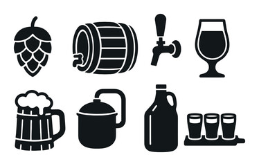 Craft beer silhouette icon set. featuring hop, barrel, tap, glass, mug, pot, growler, shot symbols