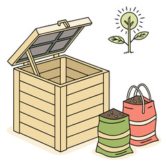 Illustration of a wooden compost bin with an open lid next to two bags of soil and a sprouting plant symbolizing growth and gardening