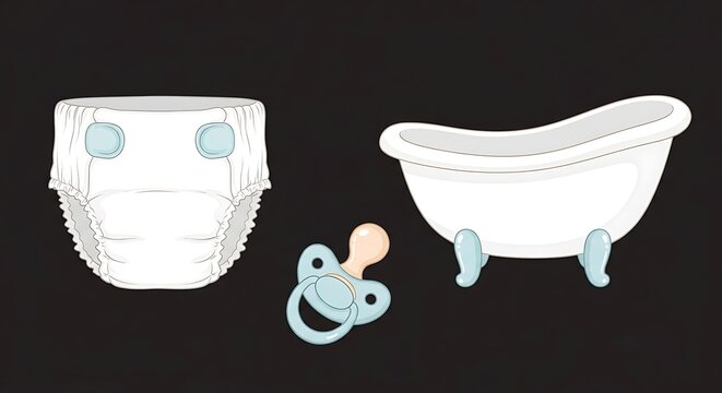 Baby care essentials illustration with diaper bathtub and pacifier.