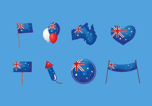 Blue And Red Australia Day Celebration National Illustrations Set