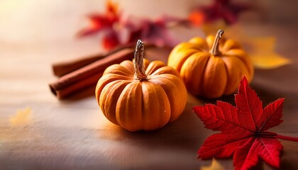 Cozy Autumn Still Life With Tiny Pumpkin Red Leaf And Cinnamon For Thanksgiving Day Vibes