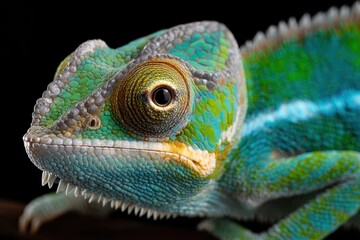 Close up of a colorful chameleon on a branch