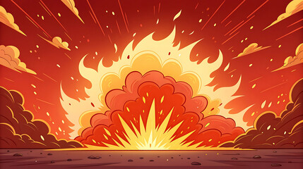 Cartoon explosion with fire and smoke on red and orange background © Saieem