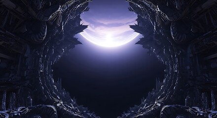 Vast alien architecture frames a luminous moon in a dark cosmic vista