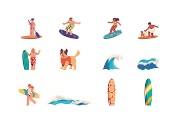 Colorful People Waves Surf Illustration Set