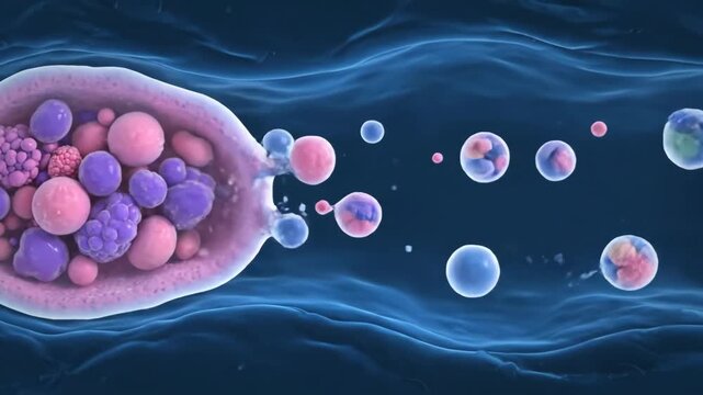 Cell Releasing Extracellular Vesicles - Microscopic animation showing a cell releasing numerous extracellular vesicles.