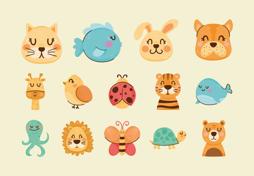 Colorful Animals Cute Cartoon Wildlife Illustrations Set