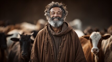Smiling Shepherd with Curly Grey Hair and Traditional Robe Among Cattle