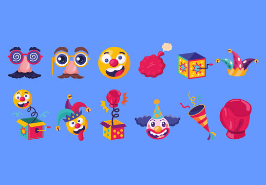 Colorful April Fools Day Party Illustrations Set