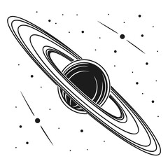 Stylized illustration of a ringed planet or celestial body with a dark core and concentric rings against a backdrop of stars and streaks