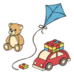 A charming collection of classic children s toys including a teddy bear a red toy car with building blocks and a blue kite on a white background