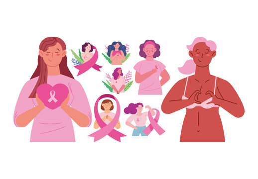 Colorful Breast Cancer Awareness Health Illustrations Set