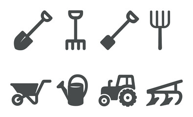 Fototapeta premium Gardening tools silhouette icon set. shovel, rake, pitchfork, wheelbarrow, watering can, tractor, plow.