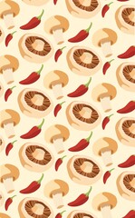 Illustration of a seamless pattern with mushrooms and hot red chili peppers on a light background. Stylish culinary design for packaging, textiles, menus and gastronomic projects.